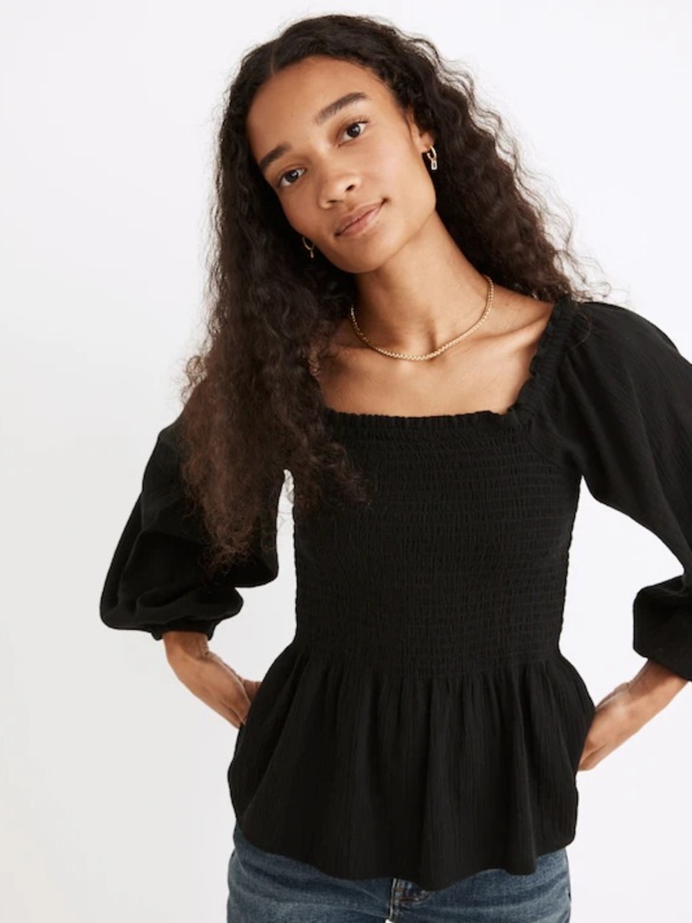 Madewell Lucie Black Smocked Square-Neck Peplum Top